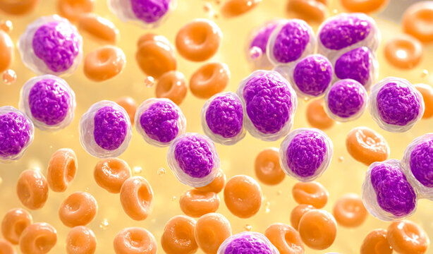 Acute myeloid leukemia (AML) is a type of blood cancer. Microscopic examination of blasts or leukemia cells in blood smear of human. 3D Illustration