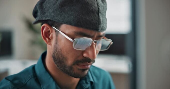 Man, code and programming in office with computer, reflection and system login for cybersecurity. Person, glasses or encryption in workplace with tech, testing database and script for data protection