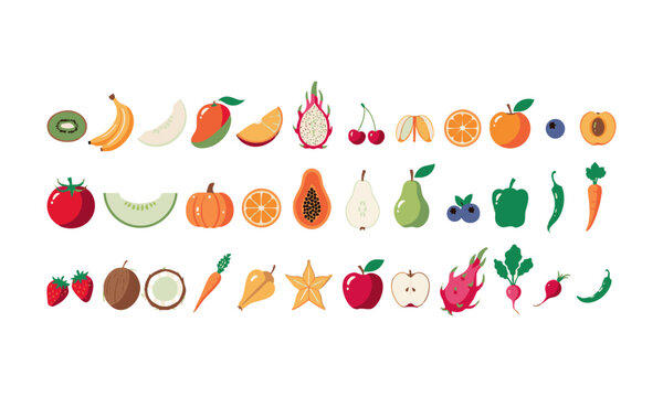 Healthy Food Fruits and Vegetables Isolated Set.