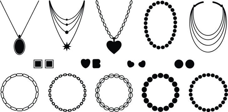 Elegant necklace and bracelet silhouette set, fashion jewelry accessory element vector illustration