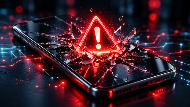 Shattered smartphone screen with glowing red warning sign representing cybersecurity breach and hardware damage