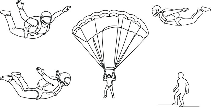 Line drawing depicts skydivers in various poses with a deployed parachute against a white background