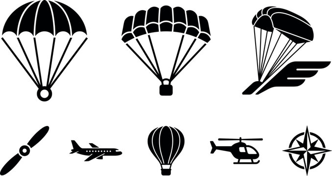 Collection of black silhouettes depicting parachutes aircraft and a compass on a white background aviation
