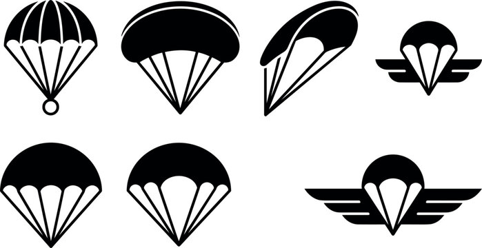 Black silhouette illustrations depict various perspectives of a deployed parachute canopy canopies silhouettes vector graphic