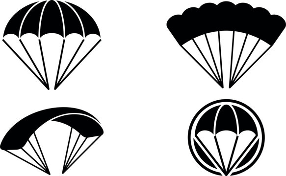 Four black silhouette depictions of parachutes against a white background showcase aerial descent parachute skydiving