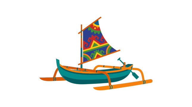 Illustration of a traditional outrigger boat with a colorful patterned sail