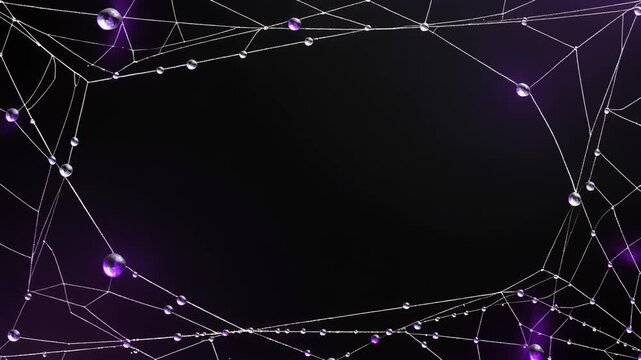 Static shot of a delicate white spiderweb with shimmering purple water droplets on a dark background for Halloween border frame.
