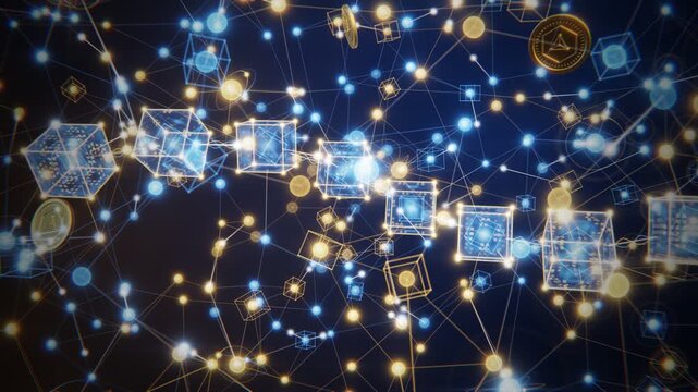Blockchain Technology Network Nodes Connecting Golden Blue Cryptocurrency Data 4K Loop