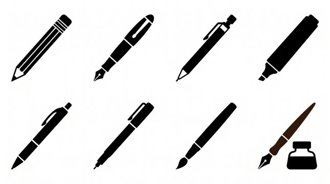 A vector illustration set of eight writing and drawing tools, including pencil, fountain pen, highlighter, paintbrush, and dip pen with ink, isolated on pure white.   