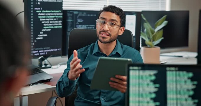 Tablet, man and programmer talking with team for code review, debugging or AI integration feedback. Tech screen, coding discussion or people in office, machine learning models or software development