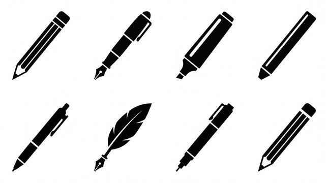 A vector illustration set of eight writing and drawing tools, including pencil, fountain pen, highlighter, paintbrush, and dip pen with ink, isolated on pure white.   