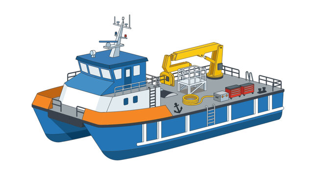 Illustration of a Modern Blue Catamaran Workboat Isolated