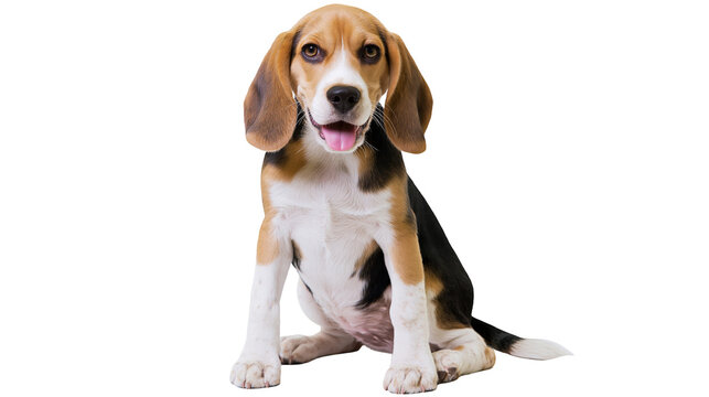 Isolated cute beagle puppy sitting patiently and looking at the camera with a happy expression.