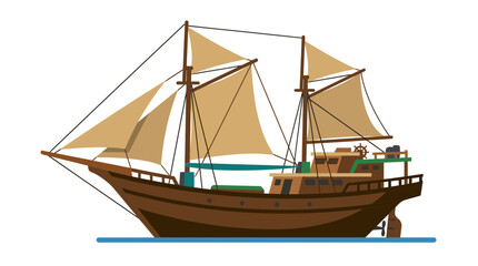 Flat Vector Illustration of a Traditional Wooden Sailing Ship © Azrha