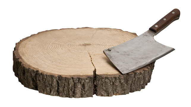 Isolated tree stump cross-section and vintage meat cleaver, rustic kitchen cutting surface.