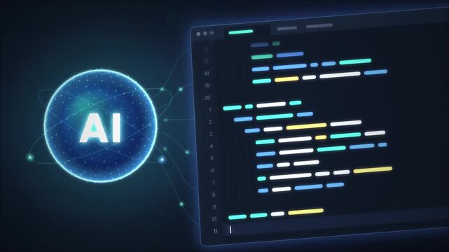 AI orb with code editor screen animation on dark background for artificial intelligence vibe coding assistant software development and code generation