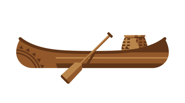Flat vector illustration of a traditional wooden canoe with paddle
