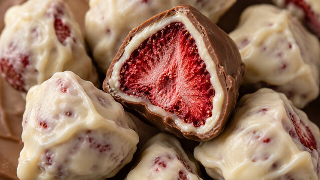 Chocolate covered freeze dried strawberries with milk and white chocolate coating, close up of crunchy gourmet fruit candy and sweet dessert snack