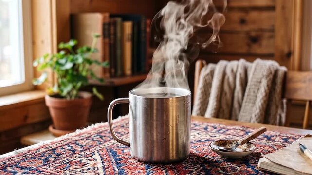 Cozy scene with steaming mug of coffee on a patterned tablecloth near a window.