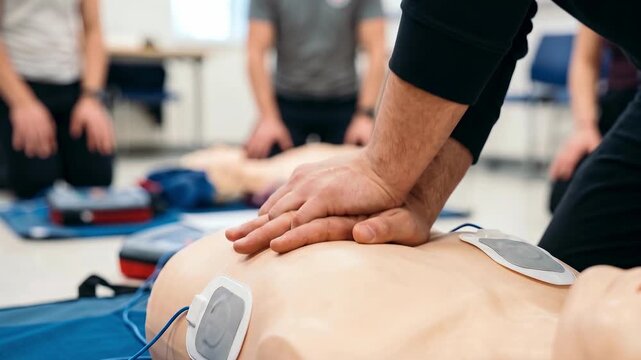 CPR training class with mannequins and instructors demonstrating chest compressions.