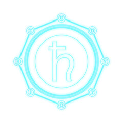 Cyan and violet glowing 8 sided polygon magic sigil with Saturn symbol © AlexMelas