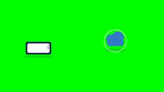 Premium 2D flat vector motion graphics of data backup from an external hard drive to a cloud storage with file transfer and success checkmark. Solid green screen background.
