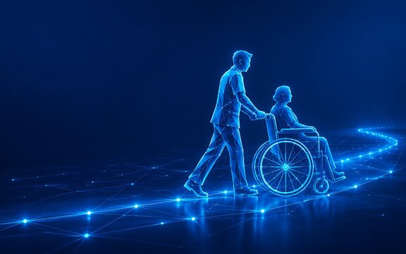 Caregiver pushing patient in wheelchair representing support and healthcare assistance.day of care and support with medical assistance, social care, patient transport.day of.day of care and support