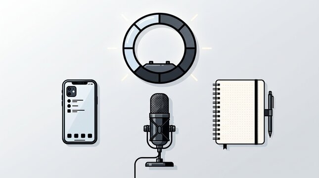 Flat lay illustration of podcasting gear with ring light and phone