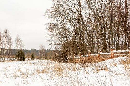 Snow-covered brick ruins beside leafless woodland in winter. Brick wall remains in a rural field. Winter landscape and seasonal change. Woodland nature, historic site and heritage.