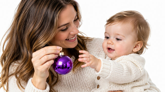 Smiling mother and baby holding a purple Christmas ornament together, joyful family holiday moment isolated on a clean white background