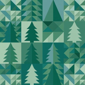 Seamless Scandinavian-Style Geometric Christmas Tree and Triangle Grid Pattern in Shades of Green