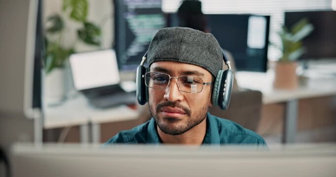 Coding, headphones or man in office with computer, radio streaming or debug error in web review. Dance, digital or software engineer with tech, code correction or programming assessment with music.