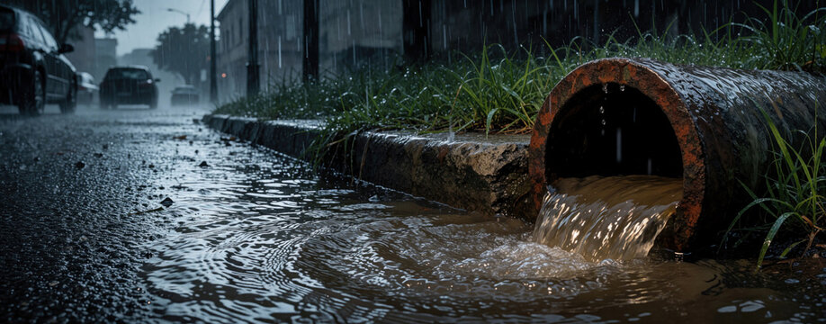 Dirty stormwater flows from large rusty metal pipe onto city street during heavy rain. Urban drainage system discharges polluted runoff into street puddles. Environmental pollution from rain water
