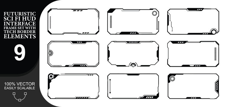 Futuristic sci fi hud interface frame set with tech border elements for modern digital displays and applications.