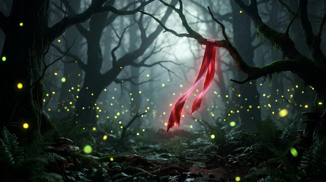 Mysterious red ribbon tied to a tree branch in a dark misty forest with glowing fireflies