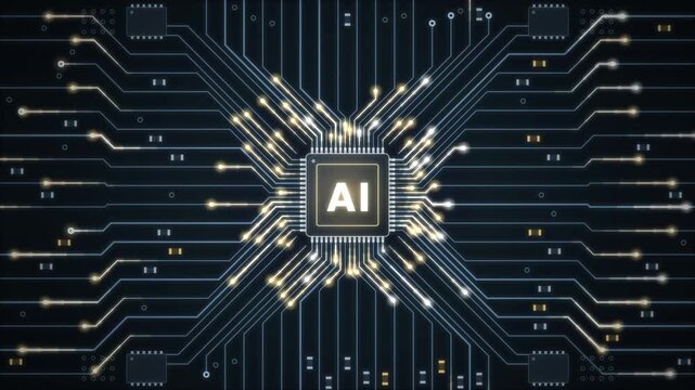 AI processor chip with signal pulses on circuit board animation on dark background for artificial intelligence hardware computing power and semiconductor technology