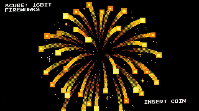 Retro 8 bit pixel art fireworks display with score and insert coin text
