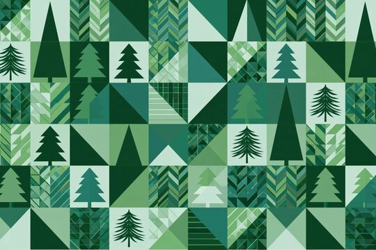 Seamless Scandinavian-Style Geometric Christmas Tree and Triangle Grid Pattern in Shades of Green