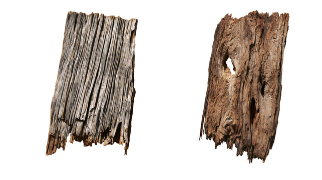 Isolated weathered aged cracked wooden planks with rough texture and natural details.