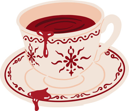 Cute hand drawn doodle illustration of vintage teacup with spilled red blood for Halloween