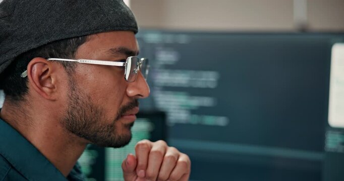 Man, reading and computer in office for programming, research and system login for cybersecurity. Thinking, person and screen in workplace with tech, testing script and coding for software encryption