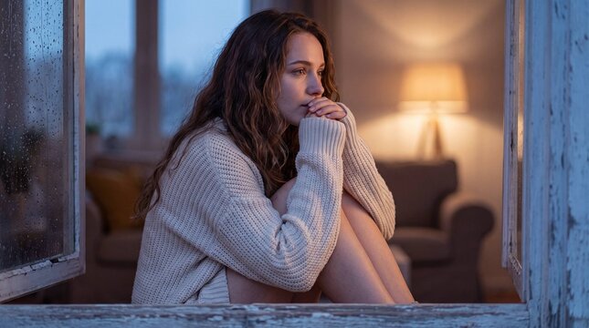 Thoughtful woman in cozy sweater sitting by rainy window at dusk, hugging knees, loneliness, contemplation, melancholy, warm lamp light, home