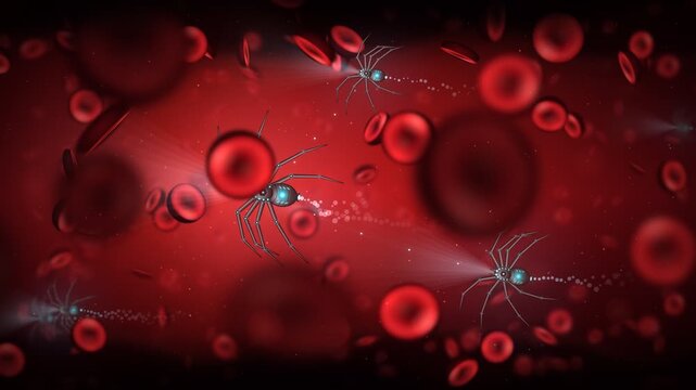 Microscopic Nanobots Swimming in Bloodstream With Red Blood Cells Animation