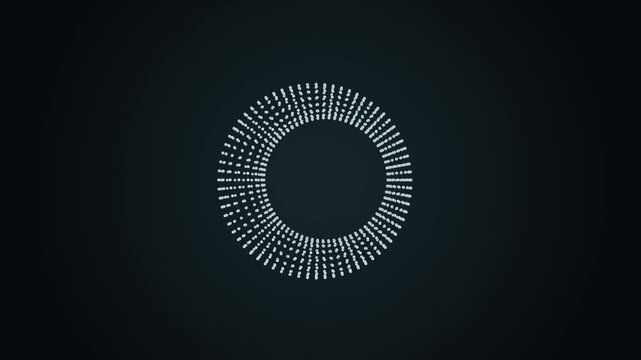 Rotating torus shape made of glowing white particles on dark background with smooth 3d motion loop.