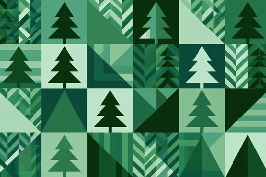 Seamless Scandinavian-Style Geometric Christmas Tree and Triangle Grid Pattern in Shades of Green