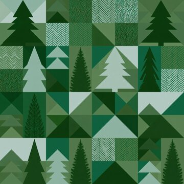 Seamless Scandinavian-Style Geometric Christmas Tree and Triangle Grid Pattern in Shades of Green