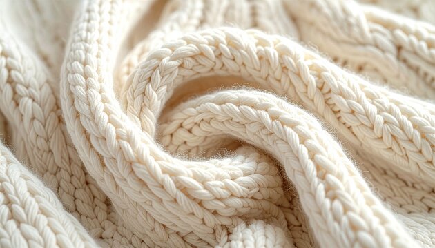 Close up texture of a cozy twisted cream knit blanket in winter