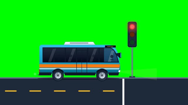 4K 60fps motion graphic animation of a modern passenger city bus driving in, decelerating with suspension physics, stopping at a red traffic light, and idling against a solid green screen background.