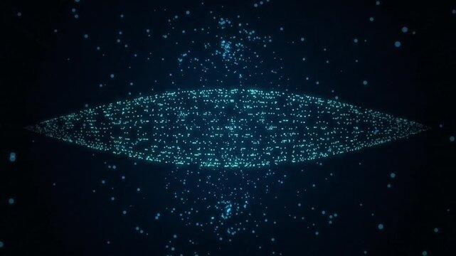 Abstract glowing particles forming elliptical shape with dynamic motion in deep blue space.