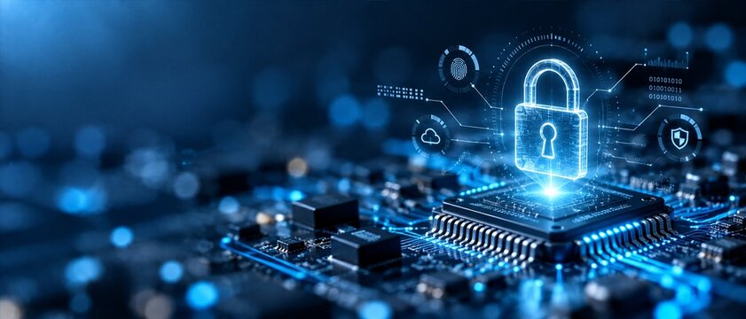 Digital security padlock icon glowing on a computer microchip circuit